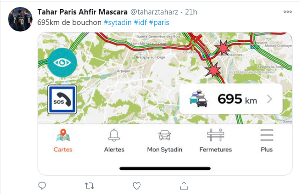 Más de 700 kilómetros de atasco vehicular para salir de París antes de la entrada en vigencia de las nuevas medidas de confinamiento. Fuente: @taharztaharz Twitter