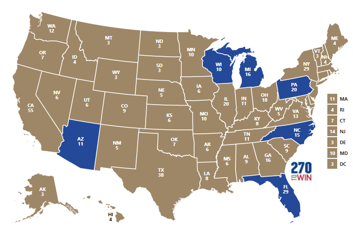 Las elecciones se decidirán en seis estados clave. Fuente: 270 to win