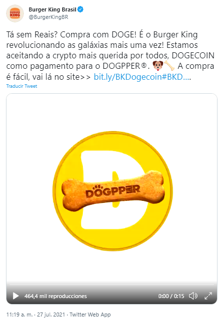 Burger King Brasil aceptará DOGE para pagos de las galletas caninas DOGPPER