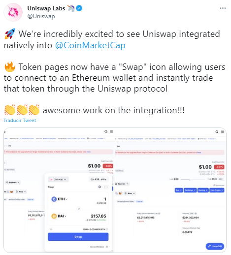 UniSwap es integrado de forma nativa a CoinMarketCap