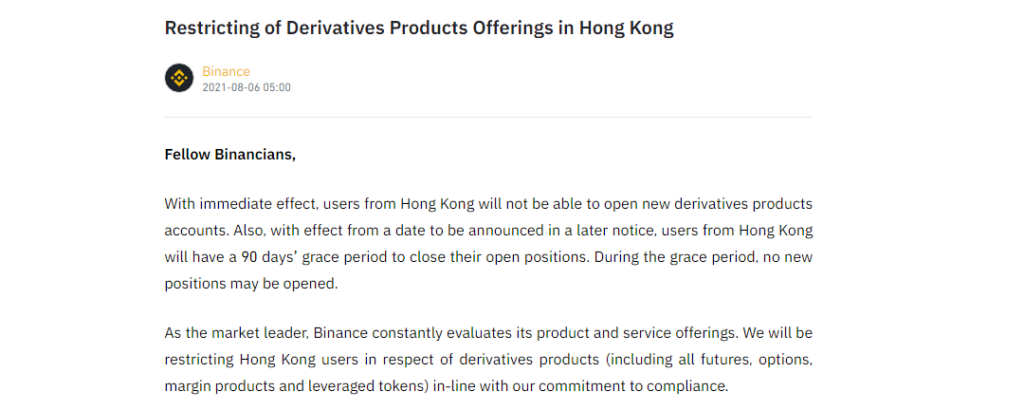 Binance, como parte de su esfuerzo de entendimiento con los reguladores, suspende el trading de derivativos en la provincia de Hong Kong. Medida similar a la aplicada para Europa hace una semana. Fuente: Captura de pantalla en Binance.com